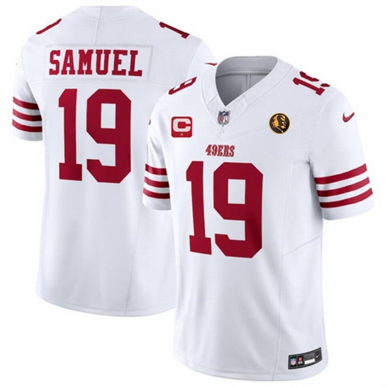 Men San Francisco 49ers 19 Deebo Samuel White 2023 F U S E With 1 Star C Patch And John Madden Patch Vapor Limited Stitched Football Jersey Men San Francisco 49ers 19 Deebo Samuel White 2023 F U S E With 1 Star C Patch And John Madden Patch Vapor Limited Stitched Football Jersey