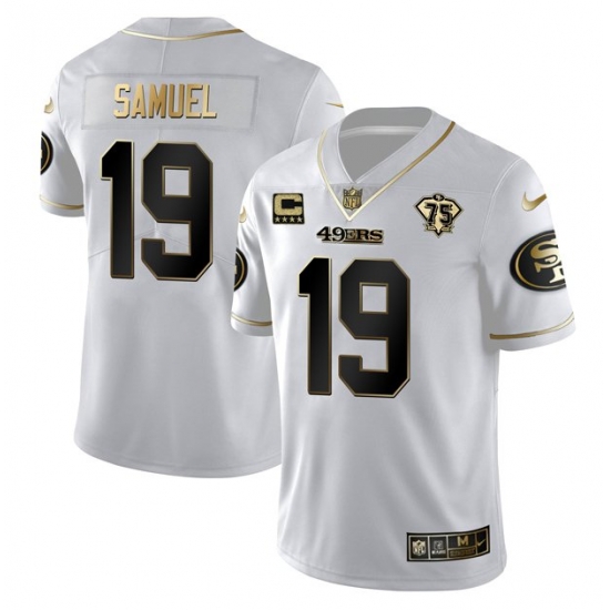Men San Francisco 49ers 19 Deebo Samuel White Gold 75th Anniversary With C Patch Stitched Jersey Men San Francisco 49ers 19 Deebo Samuel White Gold 75th Anniversary With C Patch Stitched Jersey
