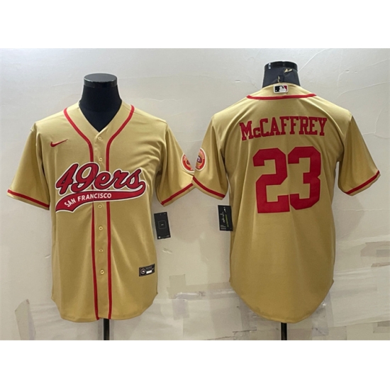 Men San Francisco 49ers 23 Christian McCaffrey Gold With Patch Cool Base Stitched Baseball Jersey Men San Francisco 49ers 23 Christian McCaffrey Gold With Patch Cool Base Stitched Baseball Jersey