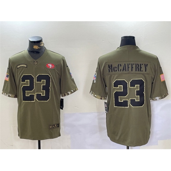 Men San Francisco 49ers 23 Christian McCaffrey Olive 2022 Salute To Service Limited Stitched Jersey Men San Francisco 49ers 23 Christian McCaffrey Olive 2022 Salute To Service Limited Stitched Jersey