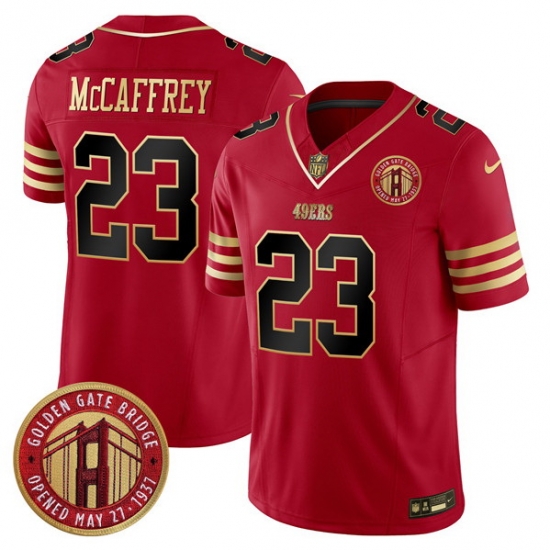 Men San Francisco 49ers 23 Christian McCaffrey Red F U S E Golden Gate Bridge Patch Balck Scarlet Vapor Limited Stitched Football Jersey Men San Francisco 49ers 23 Christian McCaffrey Red F U S E Golden Gate Bridge Patch Balck Scarlet Vapor Limited Stitched Football Jersey