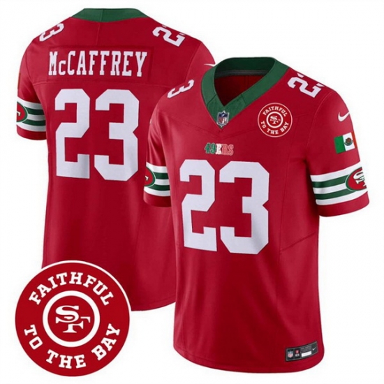 Men San Francisco 49ers 23 Christian McCaffrey Red F U S E Mexico Faithful To The Bay Patch Vapor Limited Stitched Football Jersey Men San Francisco 49ers 23 Christian McCaffrey Red F U S E Mexico Faithful To The Bay Patch Vapor Limited Stitched Football Jersey