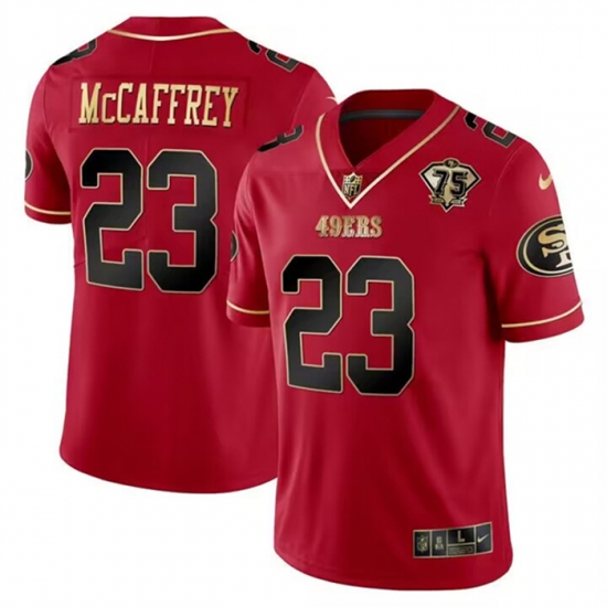Men San Francisco 49ers 23 Christian McCaffrey Red Gold 75 Anniversary Patch Limited Stitched Football Jersey Men San Francisco 49ers 23 Christian McCaffrey Red Gold 75 Anniversary Patch Limited Stitched Football Jersey