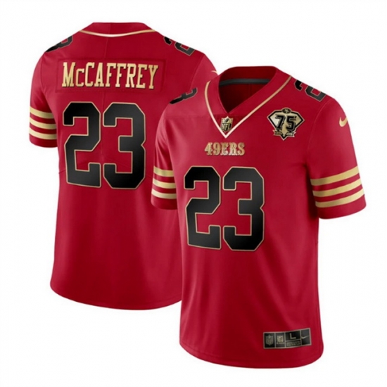 Men San Francisco 49ers 23 Christian McCaffrey Red Gold With 75th Patch Cool Base Stitched Jersey Men San Francisco 49ers 23 Christian McCaffrey Red Gold With 75th Patch Cool Base Stitched Jersey