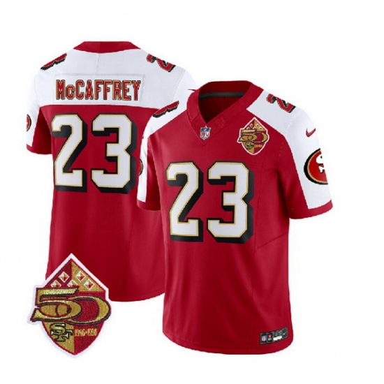 Men San Francisco 49ers 23 Christian McCaffrey Red White 2023 F U S E 50th Patch Throwback Stitched Football Jersey Men San Francisco 49ers 23 Christian McCaffrey Red White 2023 F U S E 50th Patch Throwback Stitched Football Jersey