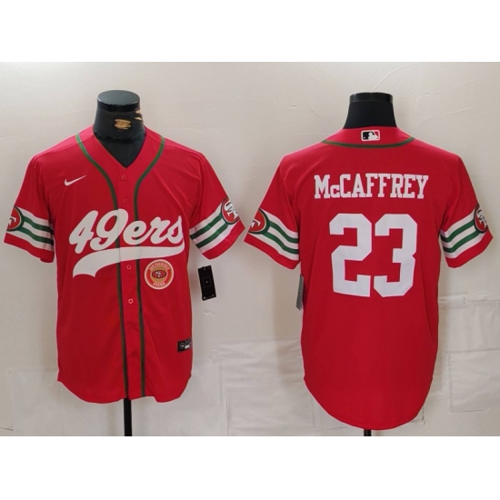 Men San Francisco 49ers 23 Christian McCaffrey Red With Patch Cool Base Stitched Baseball Jersey 1 Men San Francisco 49ers 23 Christian McCaffrey Red With Patch Cool Base Stitched Baseball Jersey 1