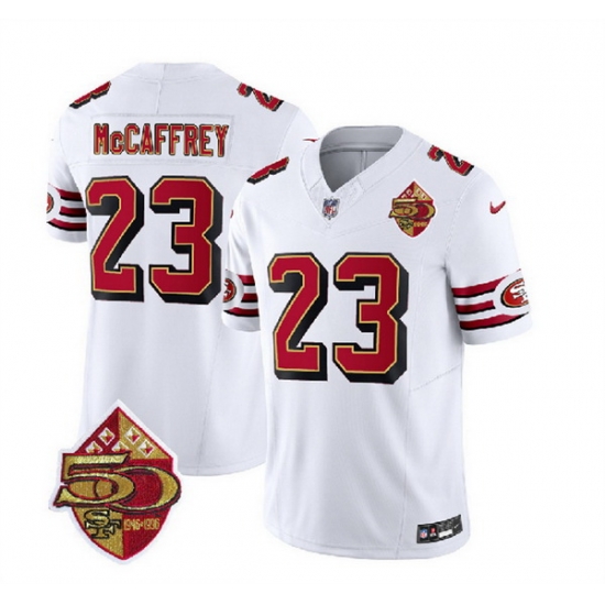 Men San Francisco 49ers 23 Christian McCaffrey White 2023 F U S E 50th Patch Vapor Untouchable Limited Stitched Football Jersey Men San Francisco 49ers 23 Christian McCaffrey White 2023 F U S E 50th Patch Vapor Untouchable Limited Stitched Football Jersey