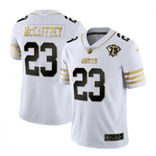 Men San Francisco 49ers 23 Christian McCaffrey White Gold With 75th Patch Stitched Jersey Men San Francisco 49ers 23 Christian McCaffrey White Gold With 75th Patch Stitched Jersey