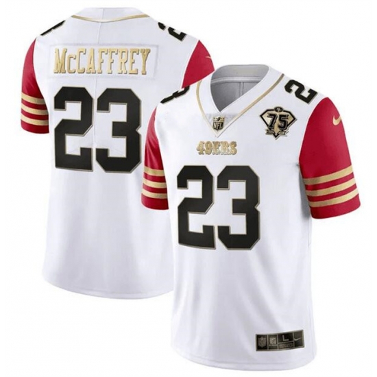 Men San Francisco 49ers 23 Christian McCaffrey White Red With 75th Anniversary Patch Stitched Jersey Men San Francisco 49ers 23 Christian McCaffrey White Red With 75th Anniversary Patch Stitched Jersey