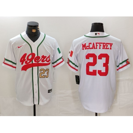 Men San Francisco 49ers 23 Christian McCaffrey White With Patch Cool Base Stitched Baseball Jersey 2 Men San Francisco 49ers 23 Christian McCaffrey White With Patch Cool Base Stitched Baseball Jersey 2