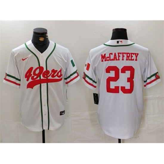 Men San Francisco 49ers 23 Christian McCaffrey White With Patch Cool Base Stitched Baseball Jersey Men San Francisco 49ers 23 Christian McCaffrey White With Patch Cool Base Stitched Baseball Jersey