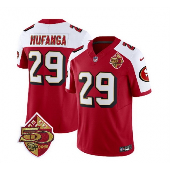 Men San Francisco 49ers 29 Talanoa Hufanga Red White 2023 F U S E 50th Patch Throwback Stitched Football Jersey Men San Francisco 49ers 29 Talanoa Hufanga Red White 2023 F U S E 50th Patch Throwback Stitched Football Jersey