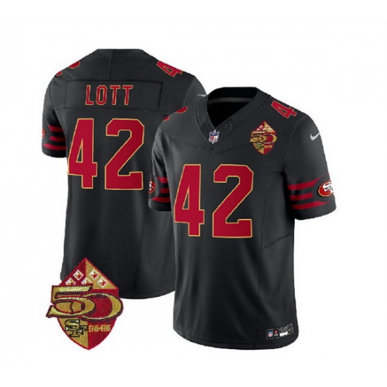 Men San Francisco 49ers 42 Ronnie Lott Black 2023 F U S E 50th Patch Vapor Limited Stitched Football Jersey Men San Francisco 49ers 42 Ronnie Lott Black 2023 F U S E 50th Patch Vapor Limited Stitched Football Jersey