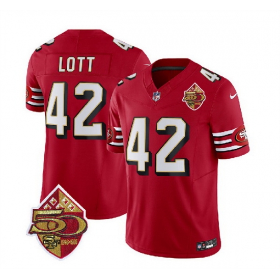 Men San Francisco 49ers 42 Ronnie Lott Red 2023 F U S E 50th Patch Throwback Stitched Football Jersey Men San Francisco 49ers 42 Ronnie Lott Red 2023 F U S E 50th Patch Throwback Stitched Football Jersey