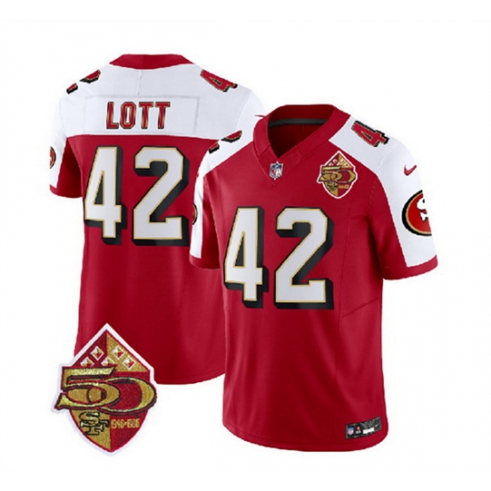 Men San Francisco 49ers 42 Ronnie Lott Red White 2023 F U S E 50th Patch Throwback Stitched Football Jersey Men San Francisco 49ers 42 Ronnie Lott Red White 2023 F U S E 50th Patch Throwback Stitched Football Jersey