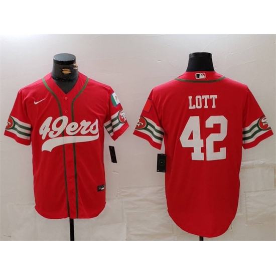 Men San Francisco 49ers 42 Ronnie Lott Red With Patch Cool Base Stitched Baseball Jersey Men San Francisco 49ers 42 Ronnie Lott Red With Patch Cool Base Stitched Baseball Jersey