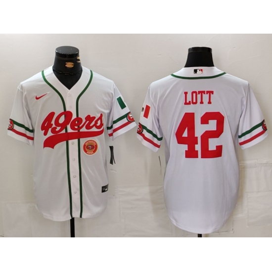 Men San Francisco 49ers 42 Ronnie Lott White With Patch Cool Base Stitched Baseball Jersey 2 Men San Francisco 49ers 42 Ronnie Lott White With Patch Cool Base Stitched Baseball Jersey 2