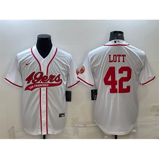 Men San Francisco 49ers 42 Ronnie Lott White With Patch Cool Base Stitched Baseball Jersey Men San Francisco 49ers 42 Ronnie Lott White With Patch Cool Base Stitched Baseball Jersey