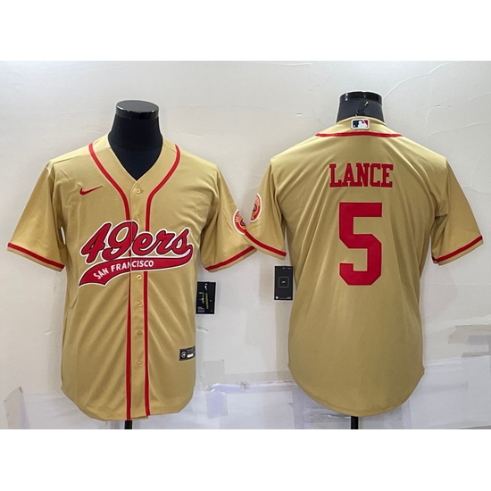 Men San Francisco 49ers 5 Trey Lance Gold Cool Base Stitched Baseball Jersey Men San Francisco 49ers 5 Trey Lance Gold Cool Base Stitched Baseball Jersey