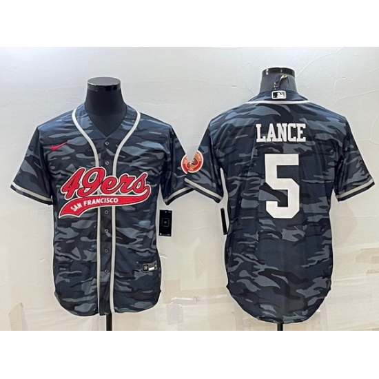 Men San Francisco 49ers 5 Trey Lance Grey Camo With Patch Cool Base Stitched Baseball Jersey Men San Francisco 49ers 5 Trey Lance Grey Camo With Patch Cool Base Stitched Baseball Jersey