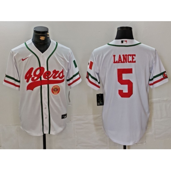 Men San Francisco 49ers 5 Trey Lance White With Patch Cool Base Stitched Baseball Jersey 1 Men San Francisco 49ers 5 Trey Lance White With Patch Cool Base Stitched Baseball Jersey 1