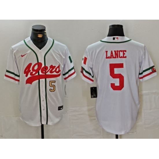 Men San Francisco 49ers 5 Trey Lance White With Patch Cool Base Stitched Baseball Jersey 2 Men San Francisco 49ers 5 Trey Lance White With Patch Cool Base Stitched Baseball Jersey 2