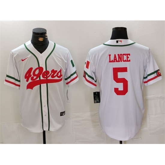Men San Francisco 49ers 5 Trey Lance White With Patch Cool Base Stitched Baseball Jersey Men San Francisco 49ers 5 Trey Lance White With Patch Cool Base Stitched Baseball Jersey
