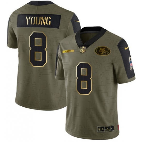 Men San Francisco 49ers 8 Steve Young 2021 Olive Camo Salute To Service Golden Limited Stitched Jersey Men San Francisco 49ers 8 Steve Young 2021 Olive Camo Salute To Service Golden Limited Stitched Jersey