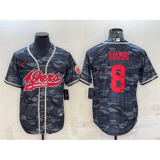 Men San Francisco 49ers 8 Steve Young Grey Red Camo With Patch Cool Base Stitched Baseball Jersey Men San Francisco 49ers 8 Steve Young Grey Red Camo With Patch Cool Base Stitched Baseball Jersey