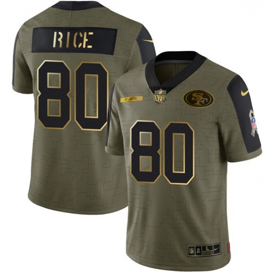 Men San Francisco 49ers 80 Jerry Rice 2021 Olive Camo Salute To Service Golden Limited Stitched Jersey Men San Francisco 49ers 80 Jerry Rice 2021 Olive Camo Salute To Service Golden Limited Stitched Jersey