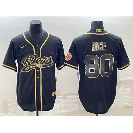 Men San Francisco 49ers 80 Jerry Rice Black Gold With Patch Cool Base Stitched Baseball Jersey Men San Francisco 49ers 80 Jerry Rice Black Gold With Patch Cool Base Stitched Baseball Jersey