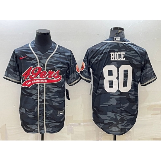 Men San Francisco 49ers 80 Jerry Rice Grey Camo With Patch Cool Base Stitched Baseball Jersey Men San Francisco 49ers 80 Jerry Rice Grey Camo With Patch Cool Base Stitched Baseball Jersey