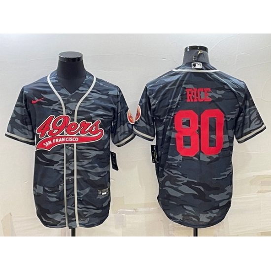 Men San Francisco 49ers 80 Jerry Rice Grey Red Camo With Patch Cool Base Stitched Baseball Jersey Men San Francisco 49ers 80 Jerry Rice Grey Red Camo With Patch Cool Base Stitched Baseball Jersey