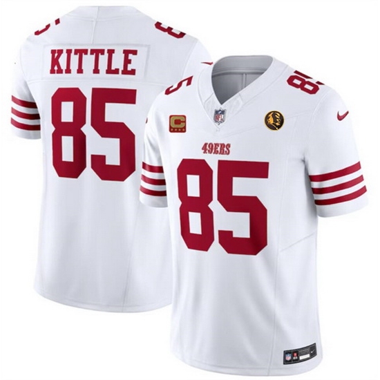 Men San Francisco 49ers 85 George Kittle White 2023 F U S E With 4 Star C Patch And John Madden Patch Vapor Limited Stitched Football Jersey Men San Francisco 49ers 85 George Kittle White 2023 F U S E With 4 Star C Patch And John Madden Patch Vapor Limited Stitched Football Jersey