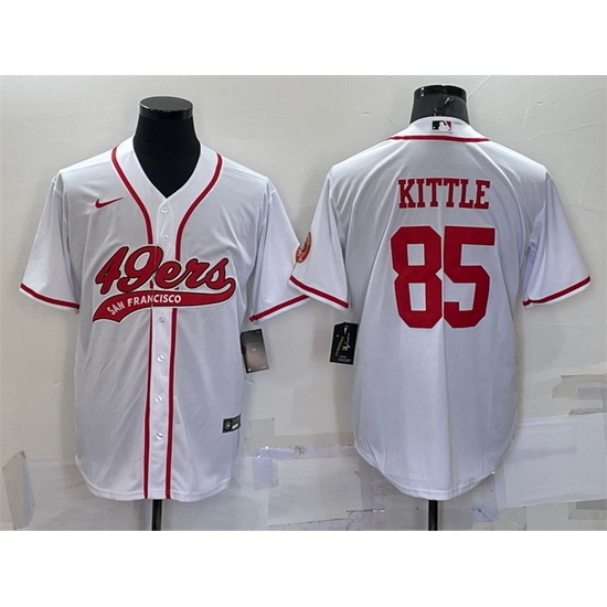Men San Francisco 49ers 85 George Kittle White With Patch Cool Base Stitched Baseball Jersey Men San Francisco 49ers 85 George Kittle White With Patch Cool Base Stitched Baseball Jersey