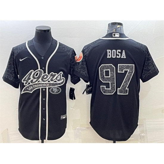 Men San Francisco 49ers 97 Nick Bosa Black Reflective With Patch Cool Base Stitched Baseball Jersey Men San Francisco 49ers 97 Nick Bosa Black Reflective With Patch Cool Base Stitched Baseball Jersey