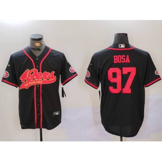 Men San Francisco 49ers 97 Nick Bosa Black With Patch Cool Base Stitched Baseball Jersey 2 Men San Francisco 49ers 97 Nick Bosa Black With Patch Cool Base Stitched Baseball Jersey 2