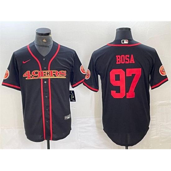 Men San Francisco 49ers 97 Nick Bosa Black With Patch Cool Base Stitched Baseball Jersey Men San Francisco 49ers 97 Nick Bosa Black With Patch Cool Base Stitched Baseball Jersey