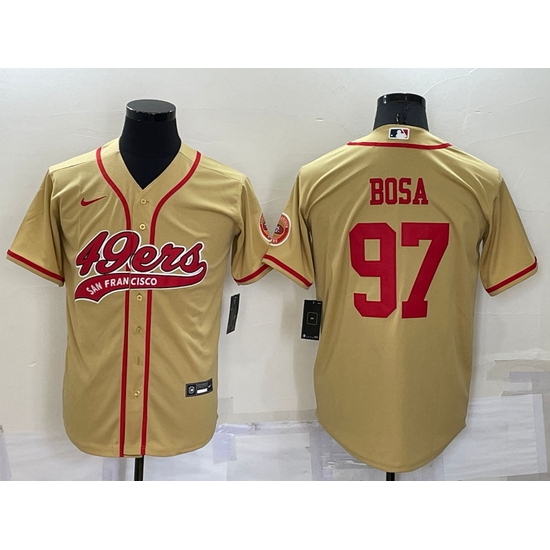 Men San Francisco 49ers 97 Nick Bosa Gold Cool Base Stitched Baseball Jersey Men San Francisco 49ers 97 Nick Bosa Gold Cool Base Stitched Baseball Jersey