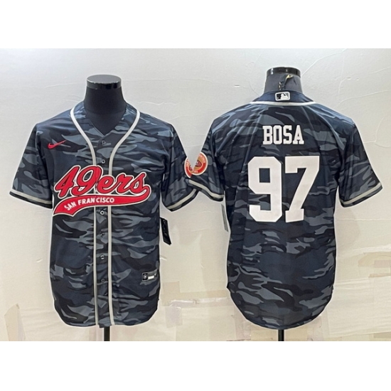 Men San Francisco 49ers 97 Nick Bosa Grey Camo With Patch Cool Base Stitched Baseball Jersey Men San Francisco 49ers 97 Nick Bosa Grey Camo With Patch Cool Base Stitched Baseball Jersey