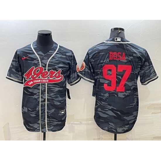 Men San Francisco 49ers 97 Nick Bosa Grey Red Camo With Patch Cool Base Stitched Baseball Jersey Men San Francisco 49ers 97 Nick Bosa Grey Red Camo With Patch Cool Base Stitched Baseball Jersey