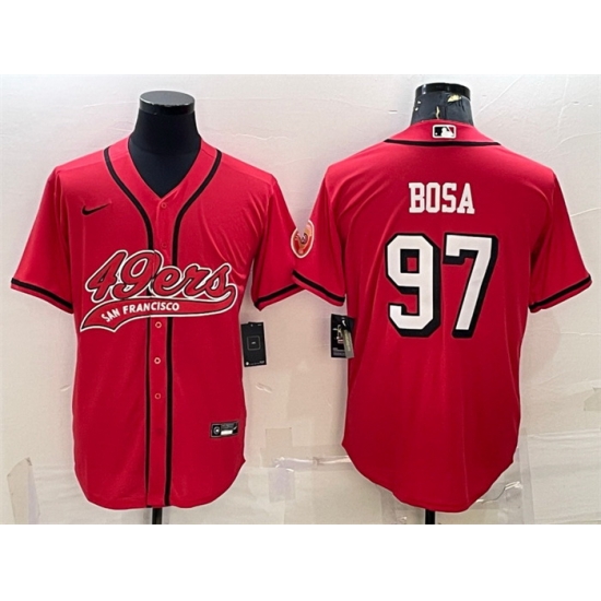 Men San Francisco 49ers 97 Nick Bosa New Red With Patch Cool Base Stitched Baseball Jersey Men San Francisco 49ers 97 Nick Bosa New Red With Patch Cool Base Stitched Baseball Jersey