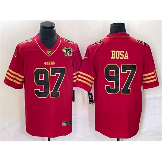 Men San Francisco 49ers 97 Nick Bosa Red Gold With 75th Anniversary Patch Stitched Jersey Men San Francisco 49ers 97 Nick Bosa Red Gold With 75th Anniversary Patch Stitched Jersey