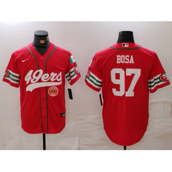 Men San Francisco 49ers 97 Nick Bosa Red With Patch Cool Base Stitched Baseball Jersey 2 Men San Francisco 49ers 97 Nick Bosa Red With Patch Cool Base Stitched Baseball Jersey 2