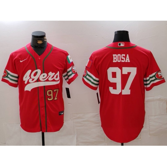 Men San Francisco 49ers 97 Nick Bosa Red With Patch Cool Base Stitched Baseball Jersey 3 Men San Francisco 49ers 97 Nick Bosa Red With Patch Cool Base Stitched Baseball Jersey 3