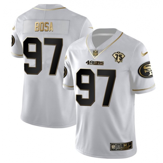 Men San Francisco 49ers 97 Nick Bosa White Gold 75th Anniversary Stitched Jersey Men San Francisco 49ers 97 Nick Bosa White Gold 75th Anniversary Stitched Jersey