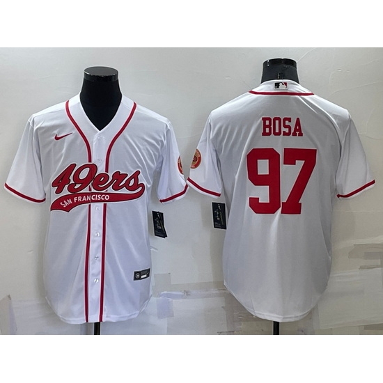 Men San Francisco 49ers 97 Nick Bosa White Red Cool Base Stitched Baseball Jersey Men San Francisco 49ers 97 Nick Bosa White Red Cool Base Stitched Baseball Jersey
