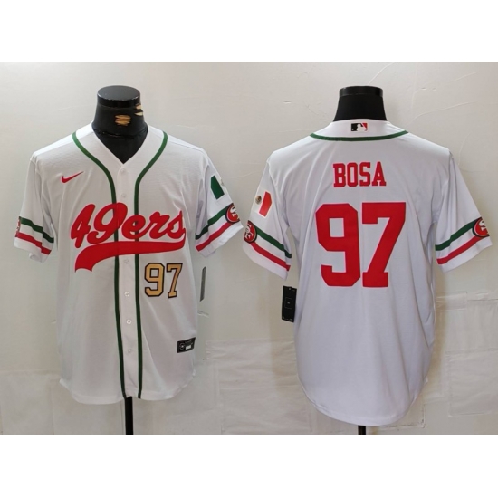 Men San Francisco 49ers 97 Nick Bosa White With Patch Cool Base Stitched Baseball Jersey 1 Men San Francisco 49ers 97 Nick Bosa White With Patch Cool Base Stitched Baseball Jersey 1