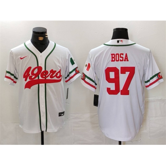 Men San Francisco 49ers 97 Nick Bosa White With Patch Cool Base Stitched Baseball Jersey Men San Francisco 49ers 97 Nick Bosa White With Patch Cool Base Stitched Baseball Jersey