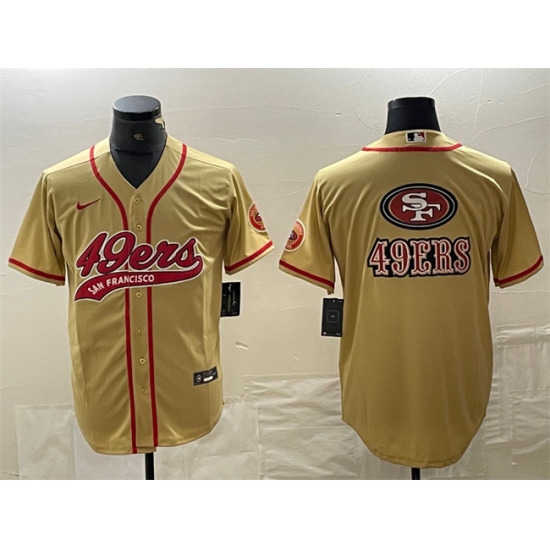 Men San Francisco 49ers Gold Team Big Logo With Patch Cool Base Stitched Baseball Jersey Men San Francisco 49ers Gold Team Big Logo With Patch Cool Base Stitched Baseball Jersey